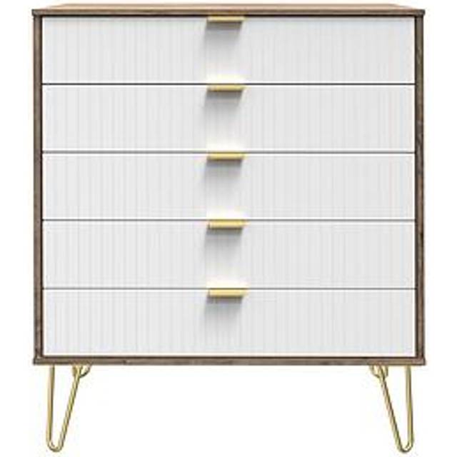 Welcome Furniture Ready Assembled Linear 5 Drawer Chest In White Matt & Vintage Oak, White