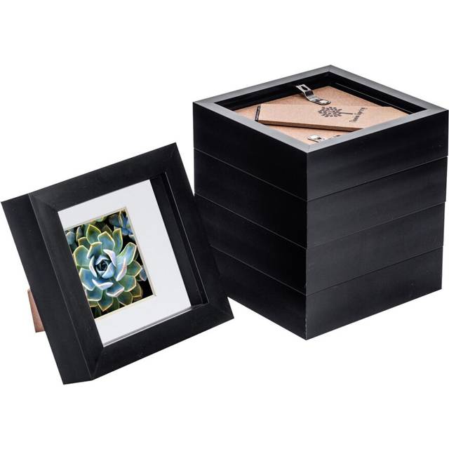 3D Box Photo Frames - 4 x 4" with 2 x 2" Mount - White Mount - Pack of 5 - Black - One Size