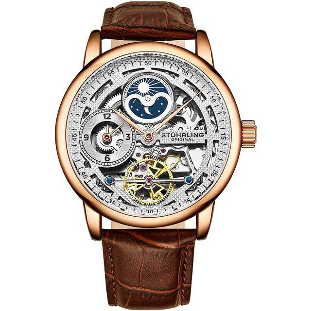 Stuhrling 3917 Automatic Skeleton Watch Dual Time Subdial, AM/PM Indicator, and Alligator-Embossed Leather Strap for Sophisticated Style - Metallics - - One Size