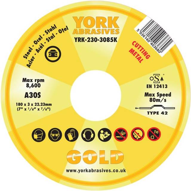 York Abrasives Gold 180 X 3 X 22MM A30S Cutting Disc - Type 42 Depressed Centre