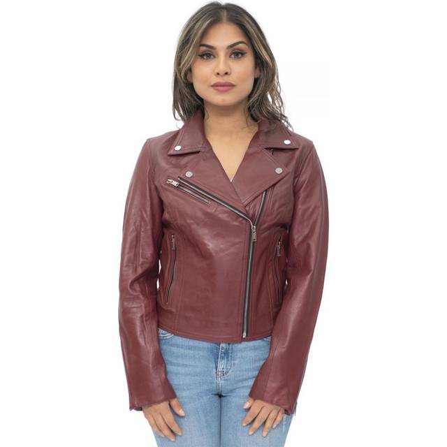 (2XL) Ladies Classic Biker Style Burgundy Leather Jacket