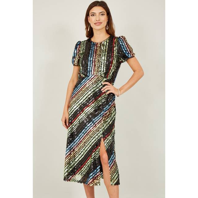 Yumi Womens Multi Colour Rainbow Stripe Sequin Midi Dress - Multicolour - Size 8 UK
