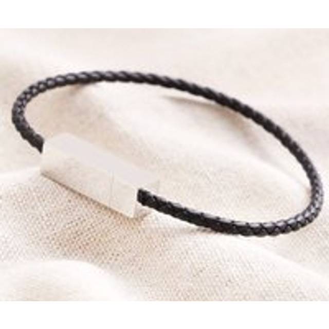 Men's Thin Woven Leather Bracelet in Black - black/silver - one size