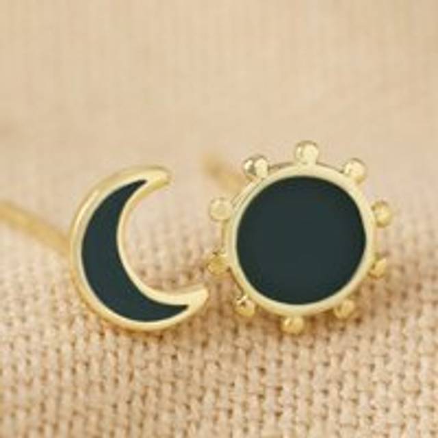 Navy Enamel Mismatched Sun and Moon Stud Earrings in Gold - gold/navy/blue - one size