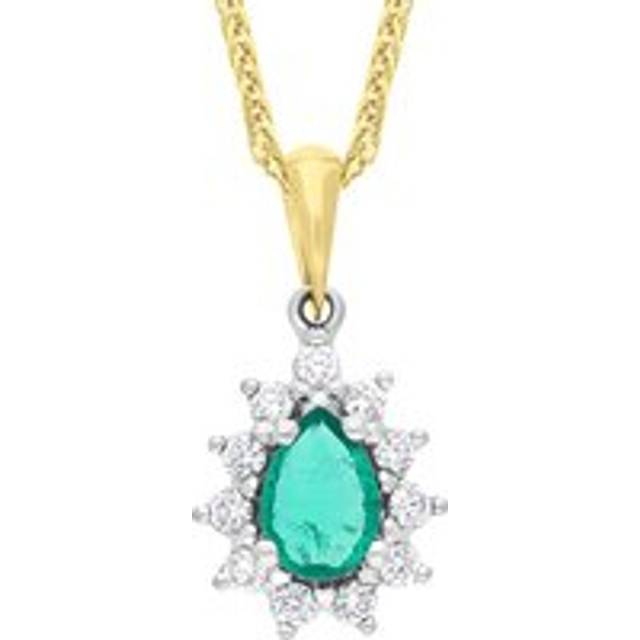 18ct Yellow and White Gold Emerald Diamond Cluster Pear Cut Pendant