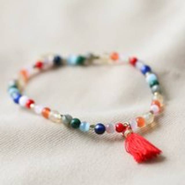 Semi-Precious Stone Bead Bracelet in Rainbow - gold/red/blue - one size