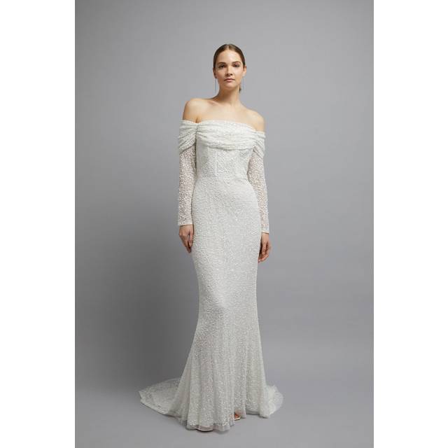 Sequin Draped Bardot Long Sleeve Bridal Maxi Dress - Ivory - 14