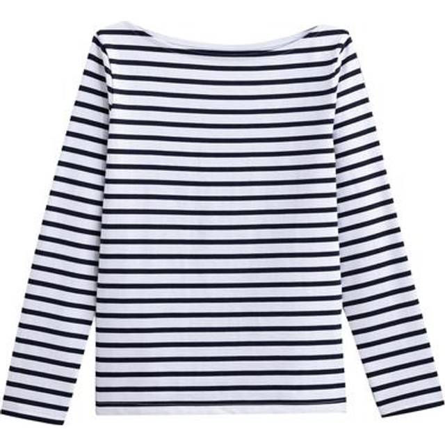 Striped Cotton T-Shirt with Boat Neck and Long Sleeves - white with navy stripes - M