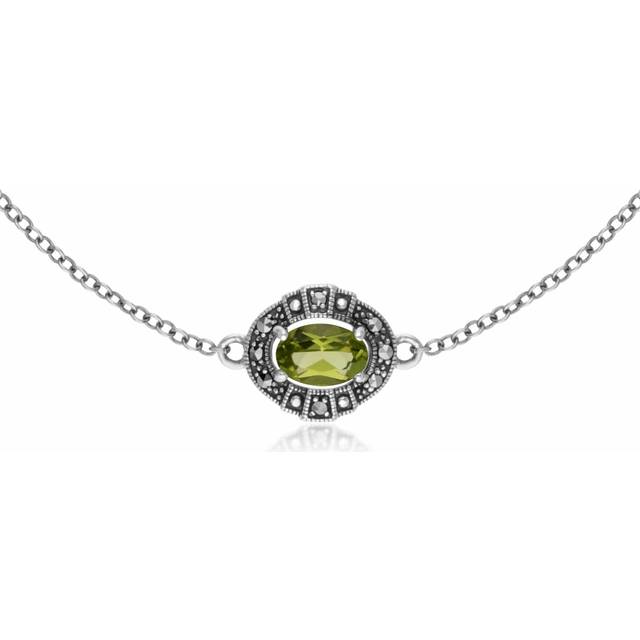 Art Deco Style Oval Peridot & Marcasite Cluster Bracelet in 925 Sterling Silver