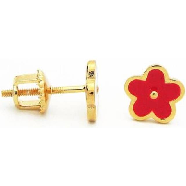 Red Daisy Flower Screwback Stud Earrings in Sterling Silver