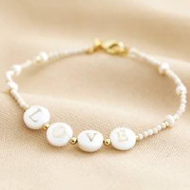 Love Semi Precious Stone Beaded Bracelet in Gold - gold/white/cream - one size