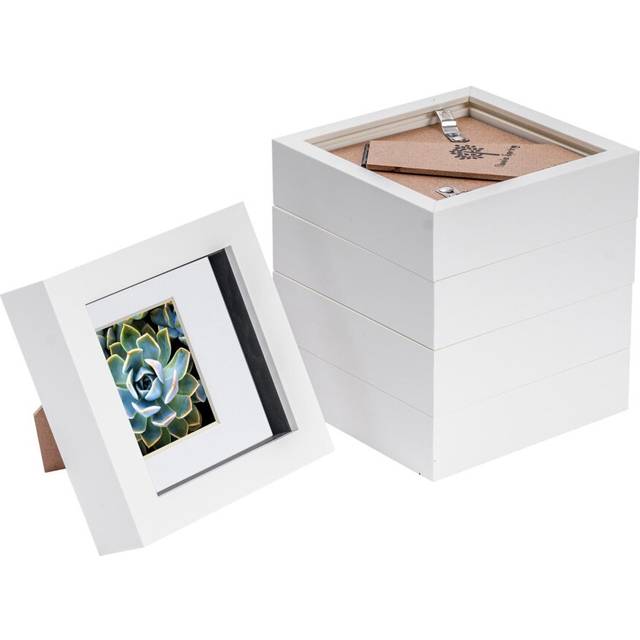 3D Box Photo Frames - 4 x 4" with 2 x 2" Mount - Black Mount - Pack of 5 - White - One Size