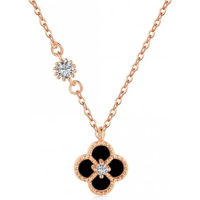 Sterling Silver Rose Gold Plated Black Lucky 4 Leaf Necklace ERLN031