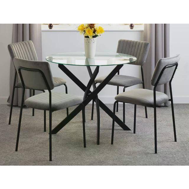 Sheldon Glass Round Grey Velvet Dining Set