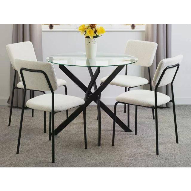 Sheldon Glass Round Ivory Boucle Dining Set