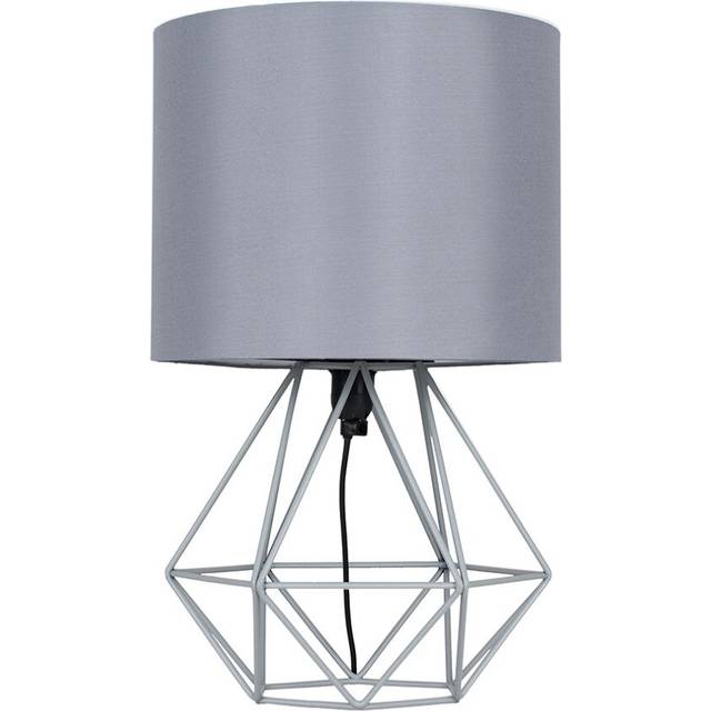 Minisun - Angus Modern Grey Metal Basket Cage Bed Side Table Lamp with Grey Fabric Shade with led Golfball Bulb In Warm White