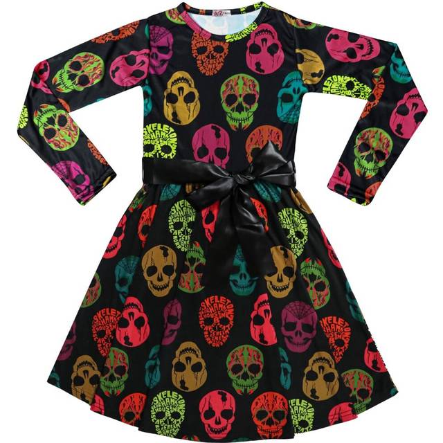 Kids girls skater long sleeves multi color skulls print halloween party dresses