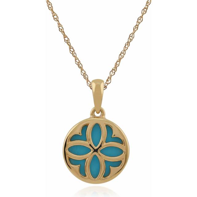 Art Nouveau Style Round Turquoise Floral Pattern Overlay Pendant in 9ct Yellow Gold