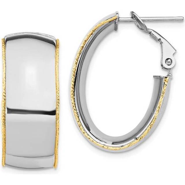 14K Two-Tone White Yellow 9.5 mm Polished with Yellow Gold Diamond-Cut wire Accent Oval Hoop Earrings