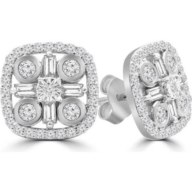 0.9 CTW Round Diamond Cushion Halo Stud Earrings in 14K White Gold