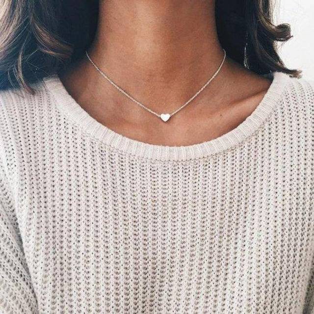Gold Silver Dainty Crescent Tiny Small Heart Pendant Necklace - One Size