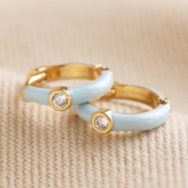 Baby Blue Enamel Crystal Huggie Hoop Earrings in Gold - blue/gold/clear - one size