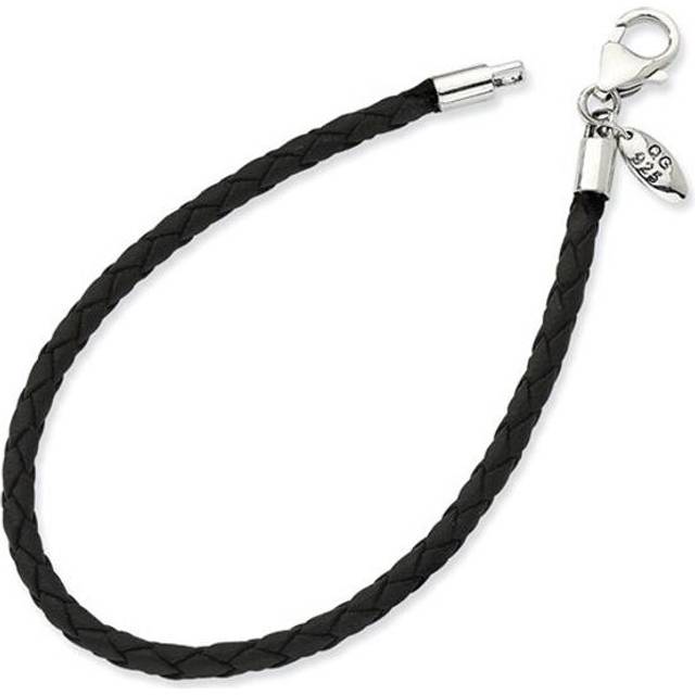 9 in. Sterling Silver Black Leather Bead Bracelet