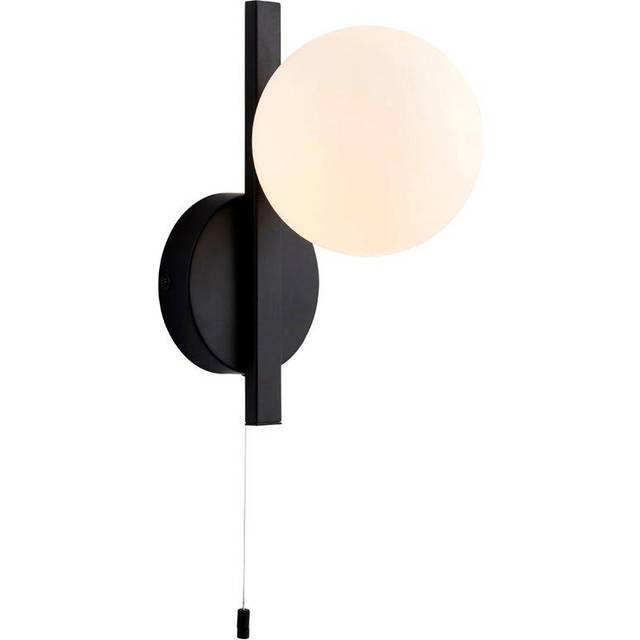 Matt Black Contemporary Bathroom Wall Light & Opal Sphere Glass Shade IP44 Rated