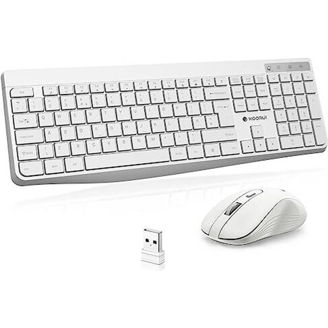 Wireless Keyboard and Mouse Combos, 12 Multimedia and Shortcut Keys UK Layout Full Size Keyboard and Mouse Set for Windows,MacOS,Linux-White (Battery