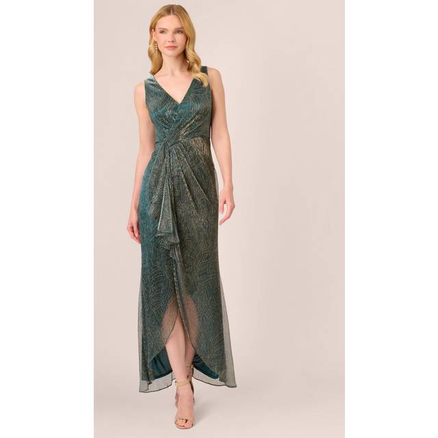 Metallic Mesh Faux Wrap Gown With Ruffle Accents In Evergreen - 6