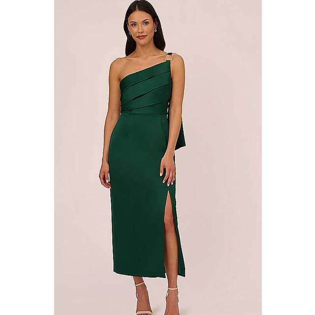Satin Crepe One Shoulder Gown With Metal Ring Accent In Deep Forest - 14