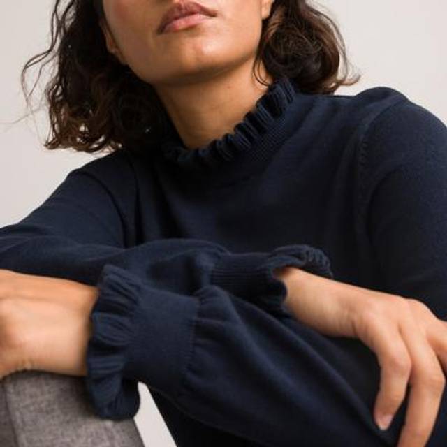 Cotton Long Sleeve Jumper with Ruffled High Neck - Navy Blue