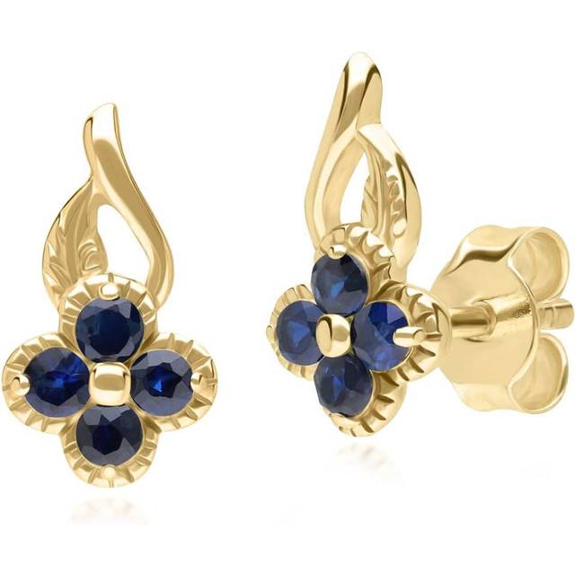 Floral Round Sapphire Stud Earrings in 9ct Yellow Gold