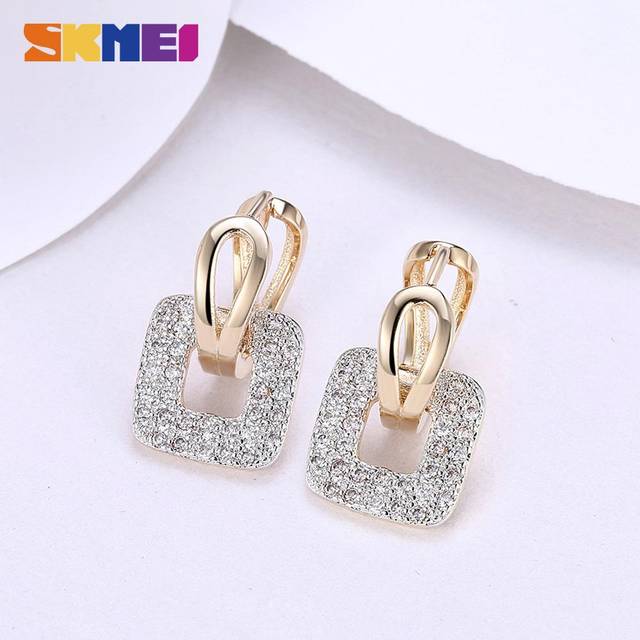 Skmei Fashion Square Zircon Earrings for girls Popular Romantic Platinum Plated Ear Clip champagne/gold