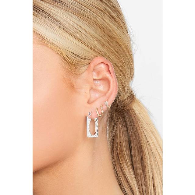 3 Pack Silver Geometric Hoop Earrings Set - One Size