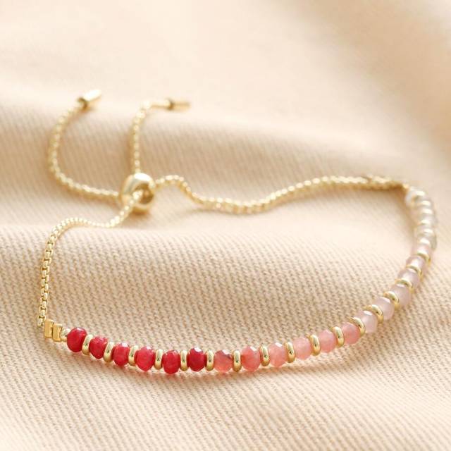 Pink Ombre Stone Beaded Bracelet in Gold - pink/white/gold - one size