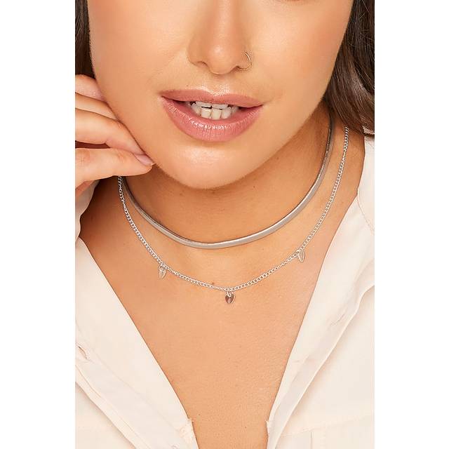 2 Pack Silver Heart Choker Necklace Set - One Size