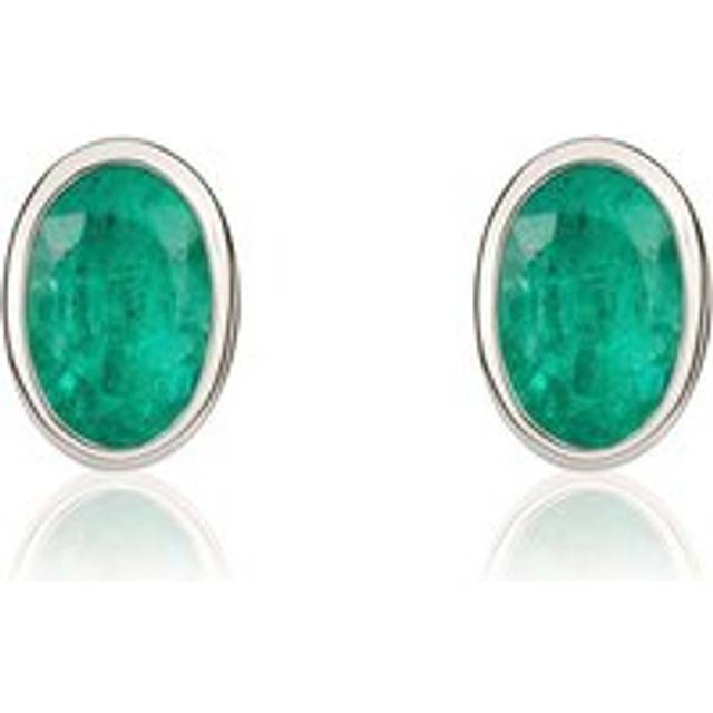 9ct White Gold Emerald 6x4mm Oval Rub Over Set Stud Earrings