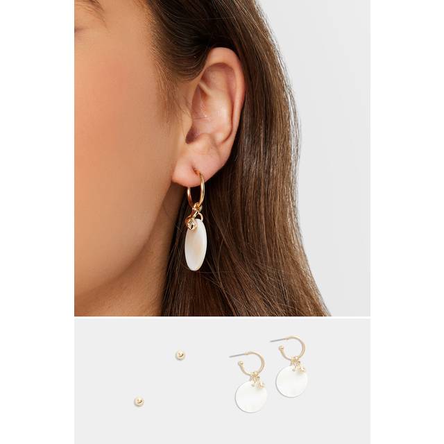 2 Pack Gold & White Shell Drop Hoop Earrings - One Size