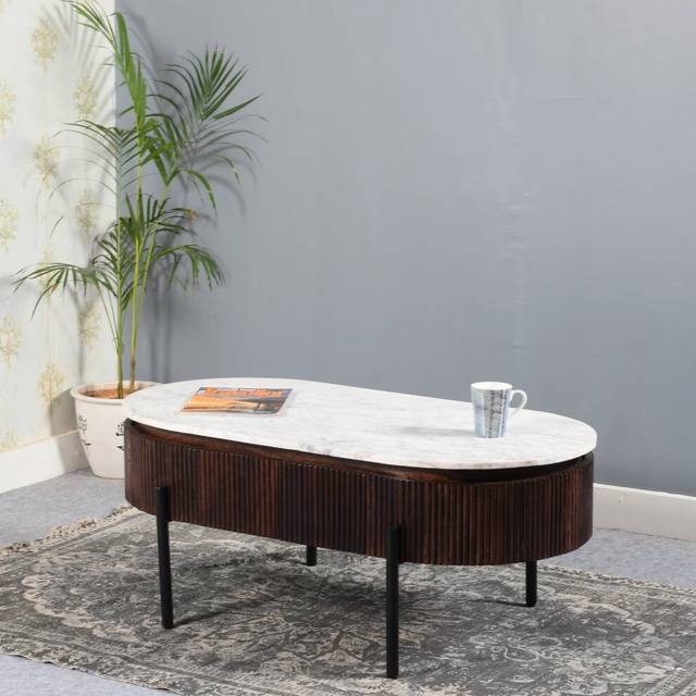 IH Design Luxor Mango Wood Rectangular Fluted Coffee Table With Marble Top & Metal Legs, Brown