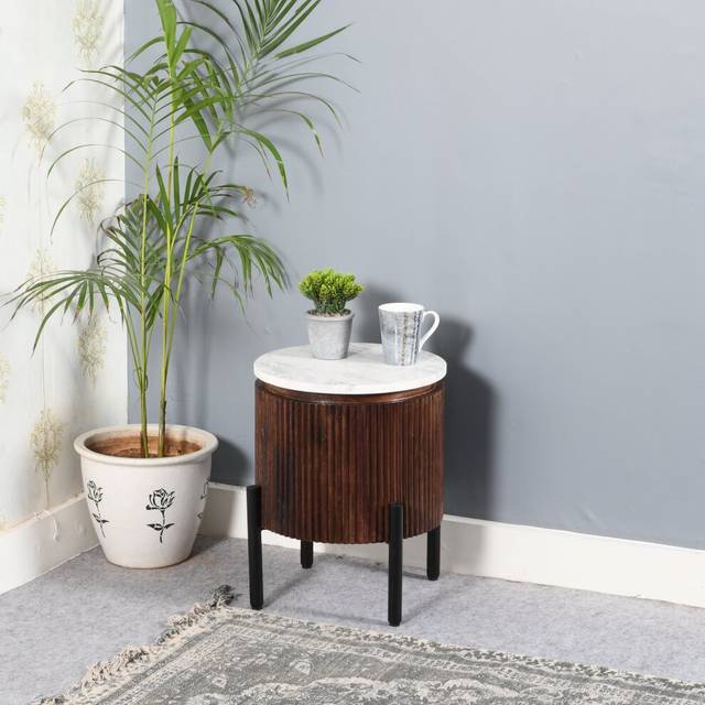 IH Design Luxor Mango Wood Side Table With Marble Top & Metal Legs, Brown