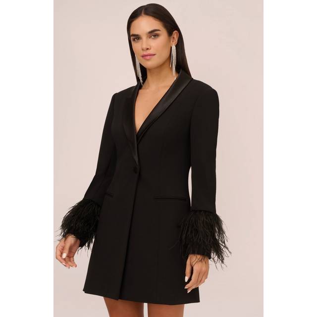 Knit Crepe Long Sleeve Blazer Dress With Feather Trim In Black - 0