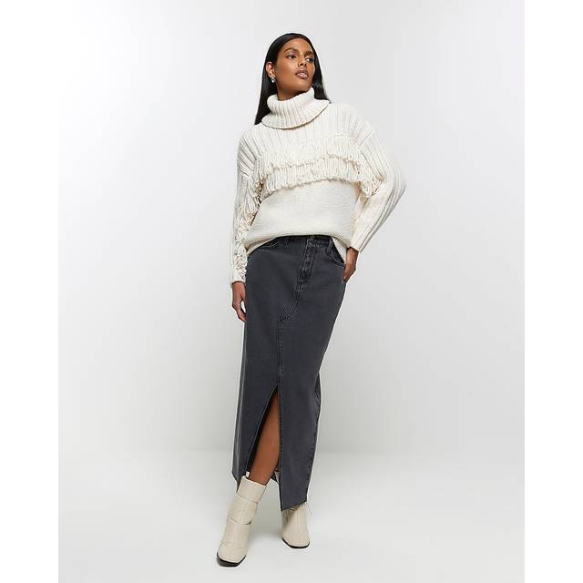 River Island – Mörkgrå maxikjol i denim med slits framtill-Grå/a