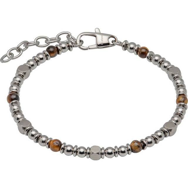 Unique Stainless Steel Bead Bracelet with Brown Tiger Eye - brown/silver
