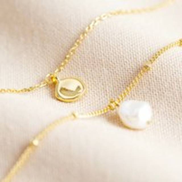 Set of Two Freshwater Pearl and Disc Bracelets in Gold - gold/white - one size