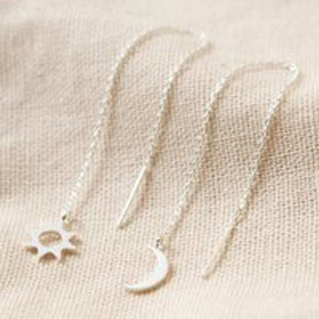 Thread Through Moon and Sun Chain Earrings in Silver