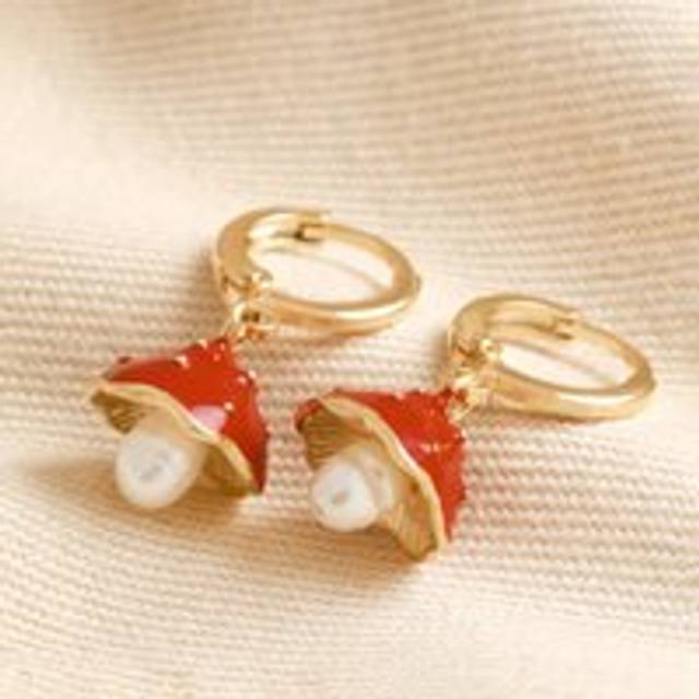 Pearl and Enamel Toadstool Huggie Hoop Earrings in Gold - gold/red/white - one size
