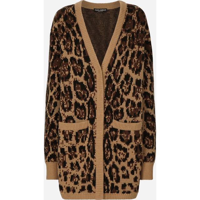 Dolce & Gabbana Long Wool And Cashmere Cardigan With Jacquard Leopard Design - Woman Sweaters And Cardigans Multi-colored Cashmere 38