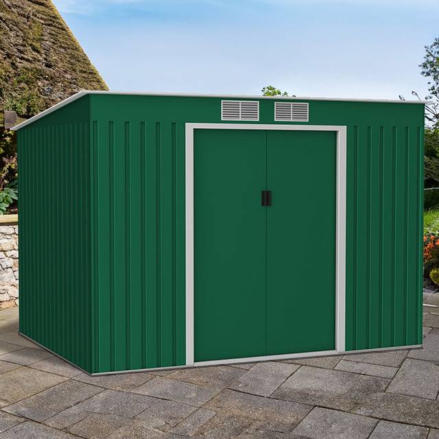 StoreMore 9 x 6ft Lotus Hestia Dark Green Metal Pent Garden Shed - Grey