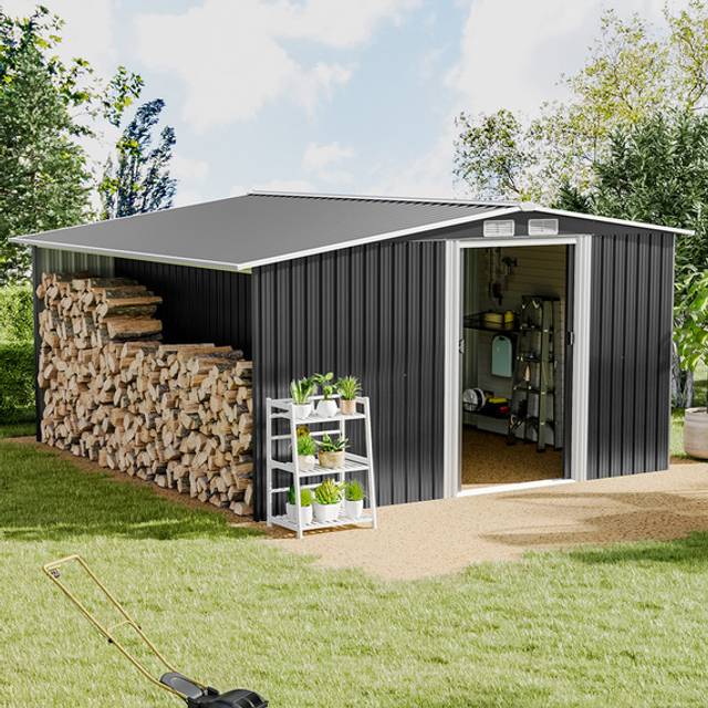 Salt Box Roof Metal Garden Shed with Log Storage - Black / 330cm / 119kg